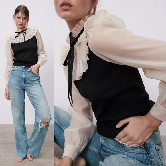NEW Zara Contrasting Organza Ruffle Sweater Top S - Picture 2 of 11